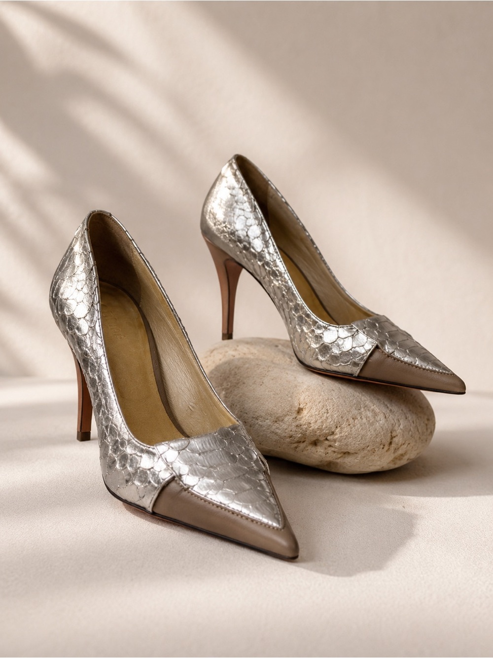 VTG Chloé Metallic Silver and Brown Sneakskin Heels Sz39